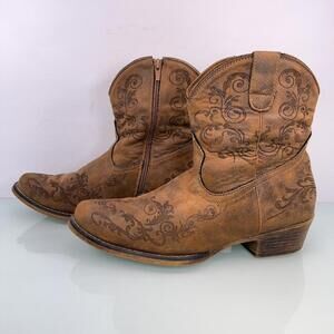 Roper Western Ankle Boots Brown Tooled Leather Cowgirl Size 10.5